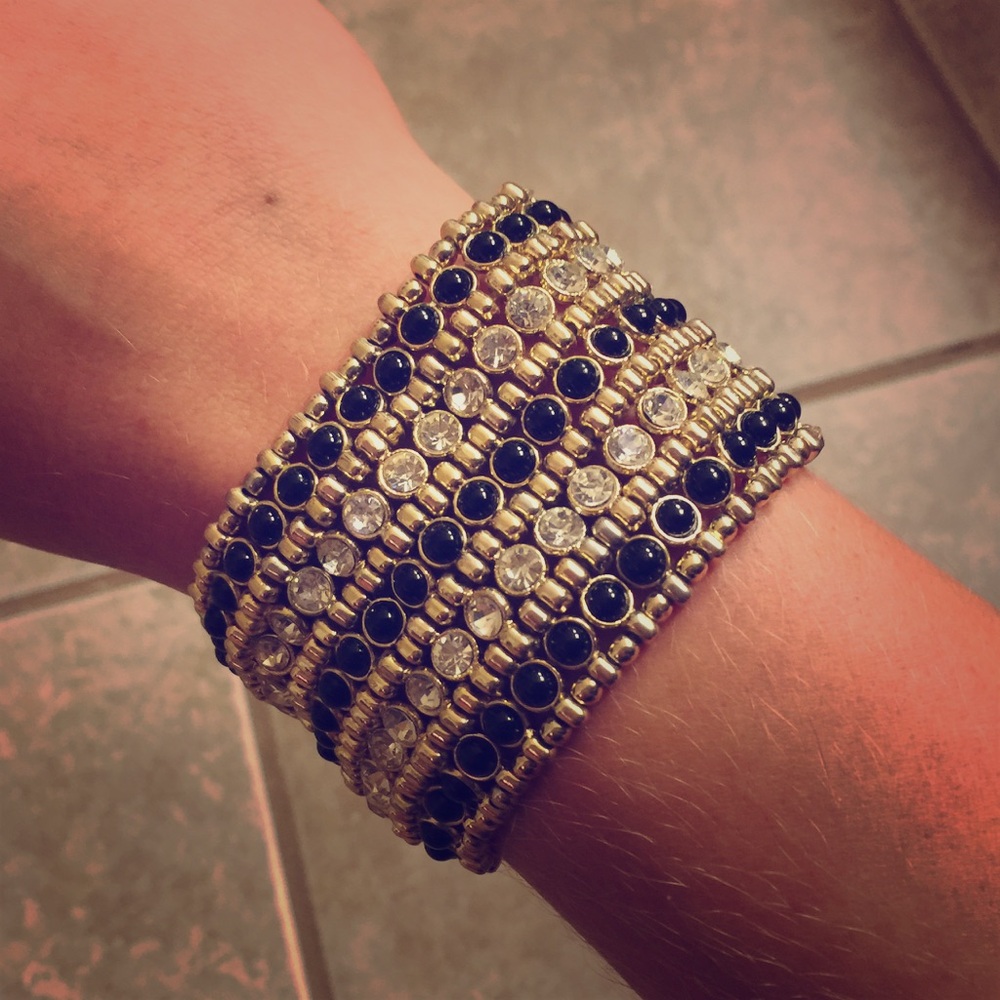 Gold Multi-Row Bracelet with Black and Clear Accents